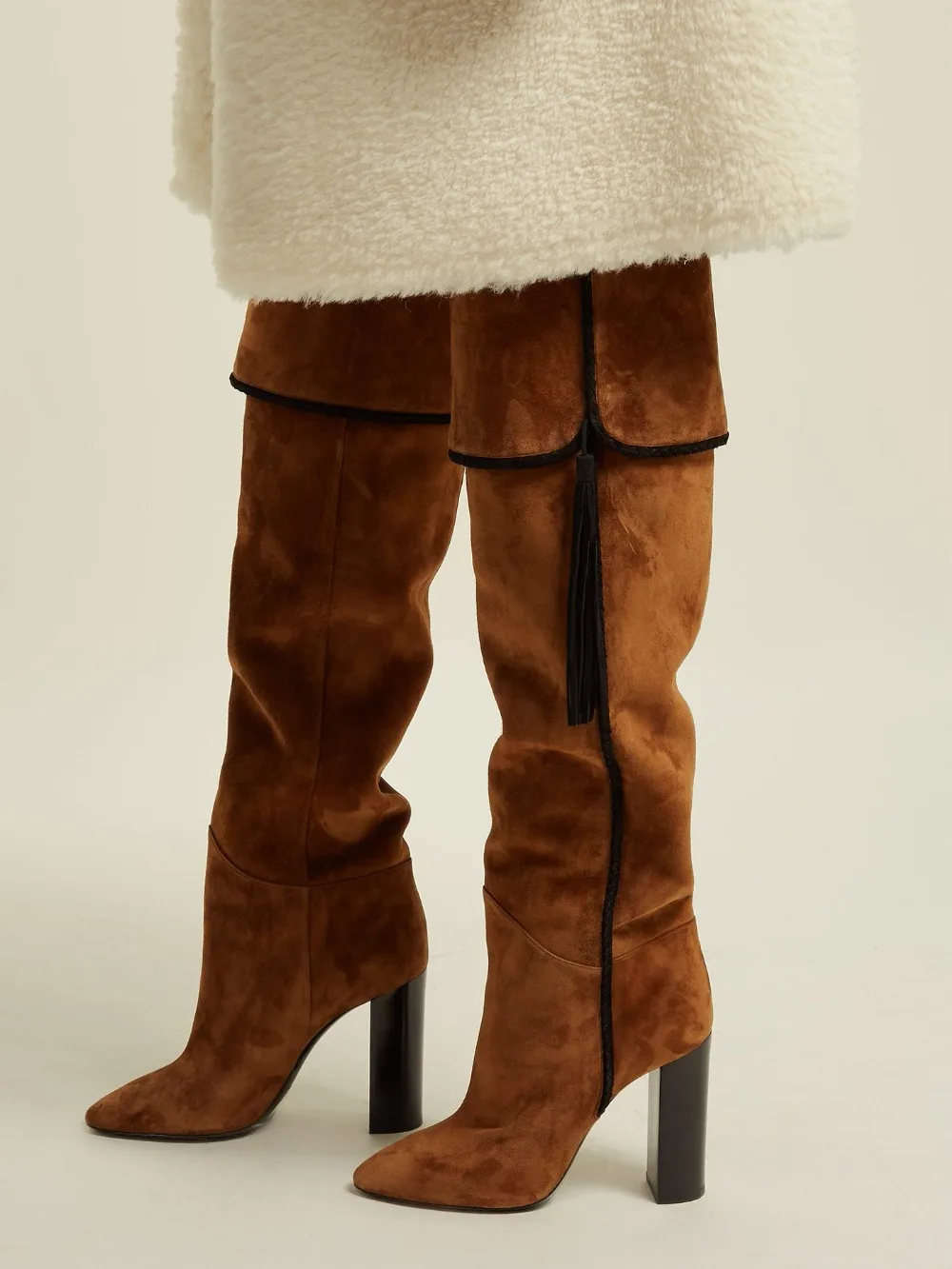 

Sexy Long Black Tan Suede Leather Stretch Over The Knee Boots Woman Shoes Chunky High Heel Sock Lace Up Botas Mujer Invierno