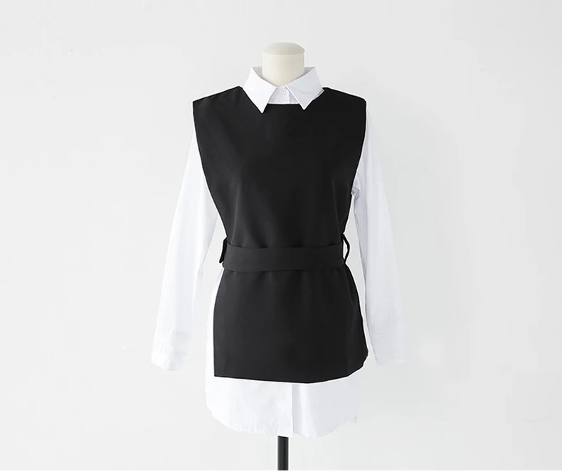 ZAWFL, высокое качество, Осенний Женский комплект из 2 предметов, винтажное асимметричное белое платье-рубашка+ тонкий черный жилет, комплект из двух предметов, костюм