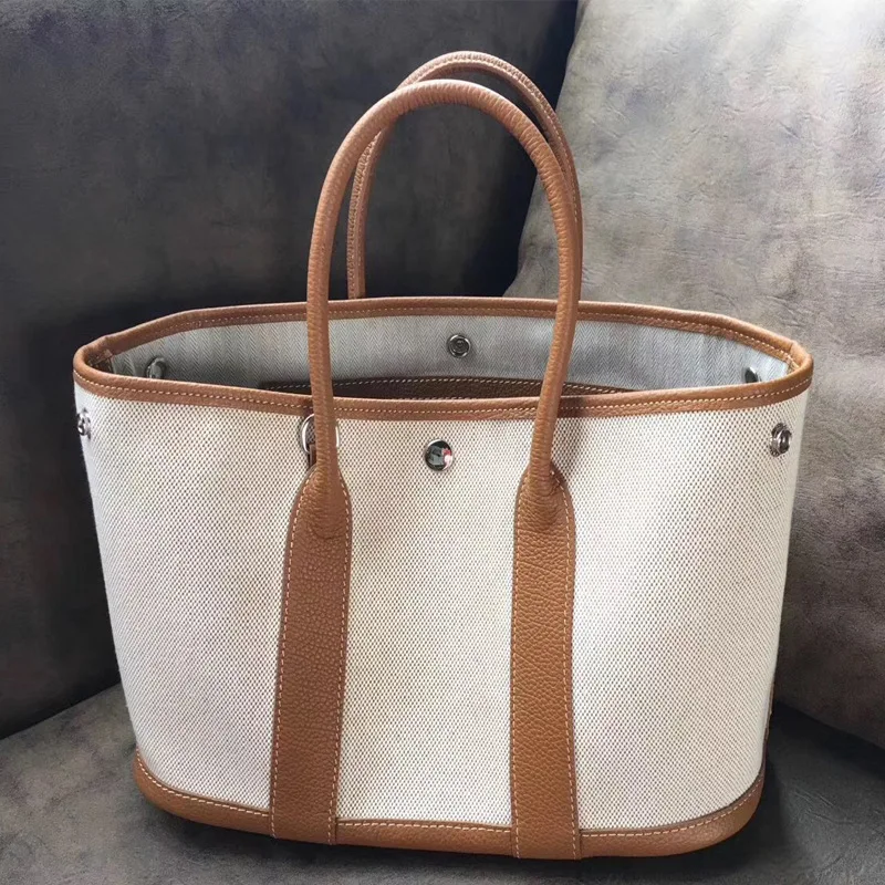 

Lady Handbag Canvas Real Leather Shopping Bag Cowhide Shoulder Hasp Contrast Color Large Capacity Casual Tote High Quality Brand