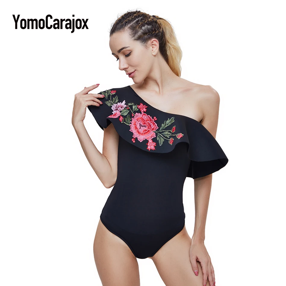 Women Swimwear One Piece Bikini Push Up Summer Sexy One Shoulder Off Beach Bathing Suit Floral Embroidery Flounce Swimsuit