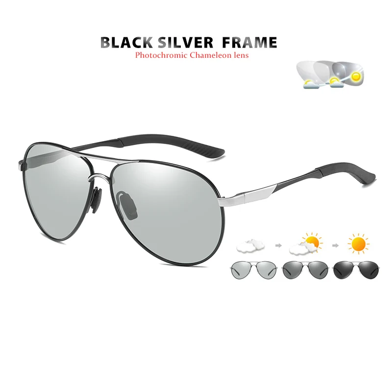 Лидирующий бренд, авиационные фотохромные солнцезащитные очки для мужчин, поляризационные, хамелеон, солнцезащитные очки для женщин, день, ночное видение, для вождения, gafas de sol hombre - Цвет линз: Black silver frame