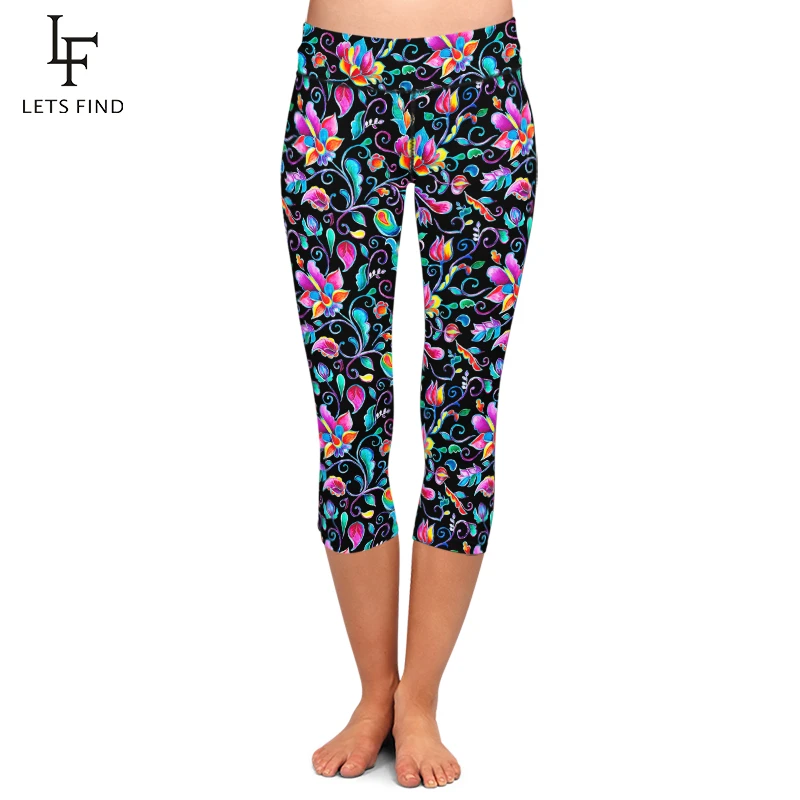 LETSFIND Summer New Women Black Capri Leggings High Elastic Milk Silk Flowers Print High Waist Fitness Casual Mid-Calf Leggings seamless leggings