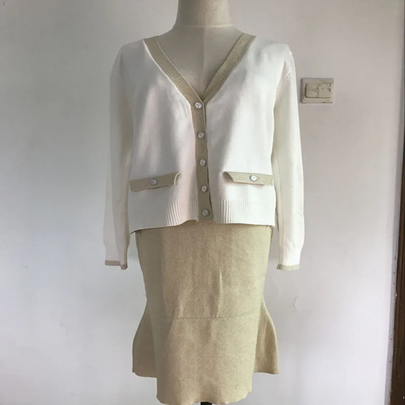 

Elegant Women Knitted Shirts Skirts 2PCS Sets V Neck Single Breasted Shirt A-Line Skirt Suits for Ladies Woman