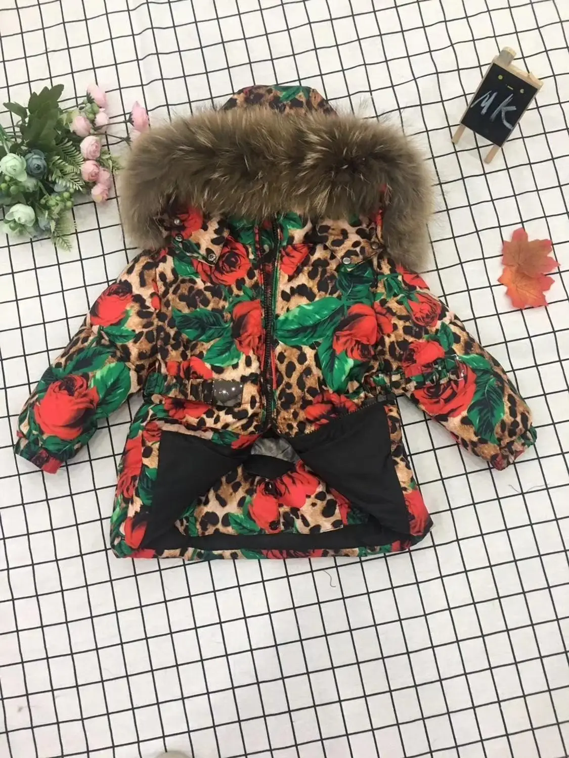 Winter Jacket Children down jackets& PANT duck down Fur hooded Leopard flower girl snowsuit boy set outerwear ski suit