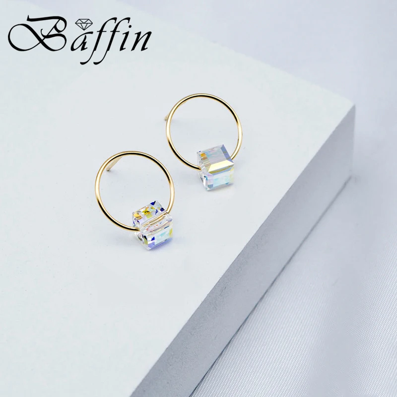

BAFFIN Genuine 925 Silver Cube Crystals From SWAROVSKI Stud Earrings For Women Office Gold Color Party Jewelry Mothers Gift
