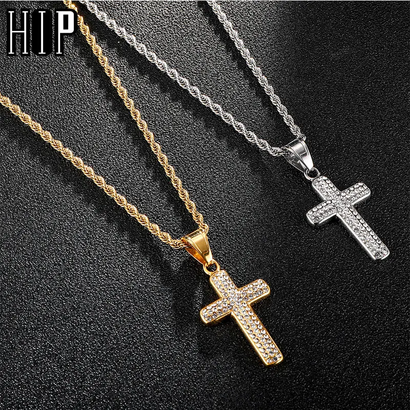 Хип хоп Iced Out Bling крест ожерелье мужское золото Подвески из нержавеющей стали и