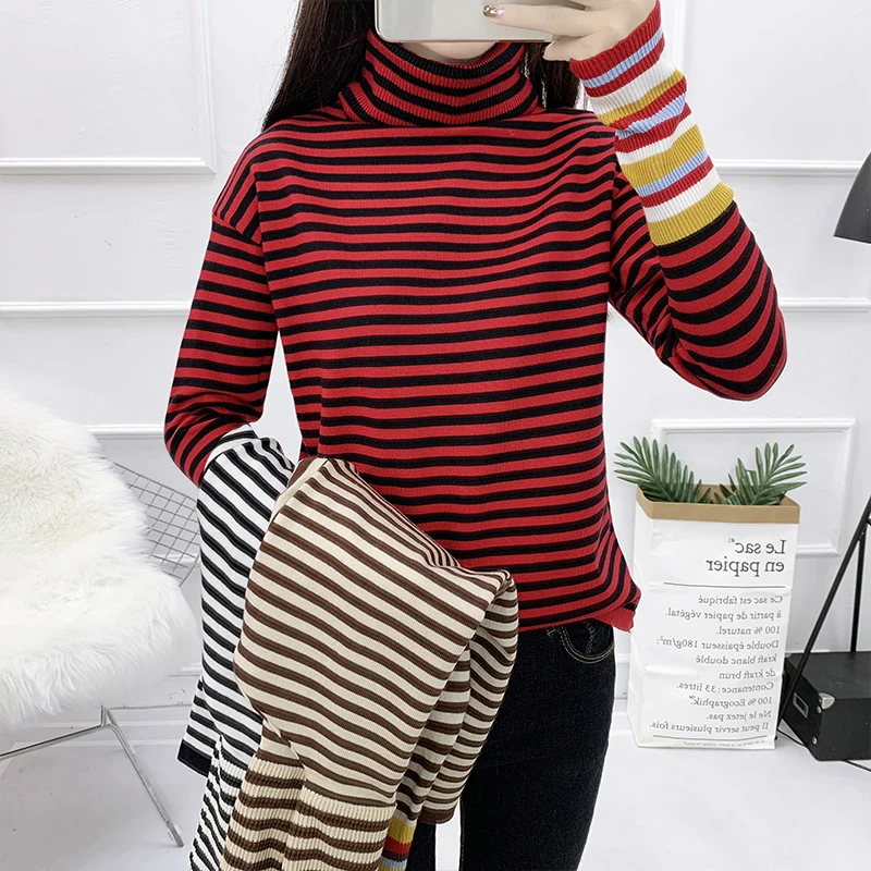 LADY Stripe A Strisce Stampa Lavorato A Maglia Top Manica Lunga Pullover Sweater Maglione Nero