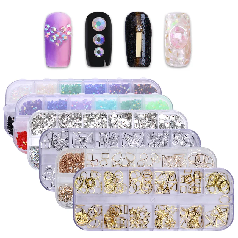 

Nail Art Rhinestone Rectangles Alloy Studs Flat Bottom Hollow Metal Cross DIY Nail Art 3D Decoration 12 Compartments