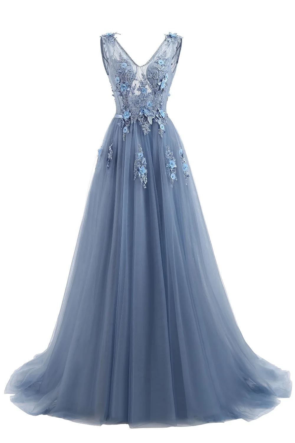 Tulle Appliques V Neck Lace Up Sleeveless Blue Long Evening Dress