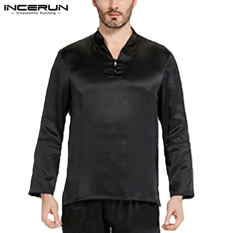 INCERUN Plus Size Silk Satin Men Payamas Sleep Tops Long Sleeve V-neck Tee Shirt Solid Color Fashion Homewear Soft Men Sleepwear - Цвет: Black