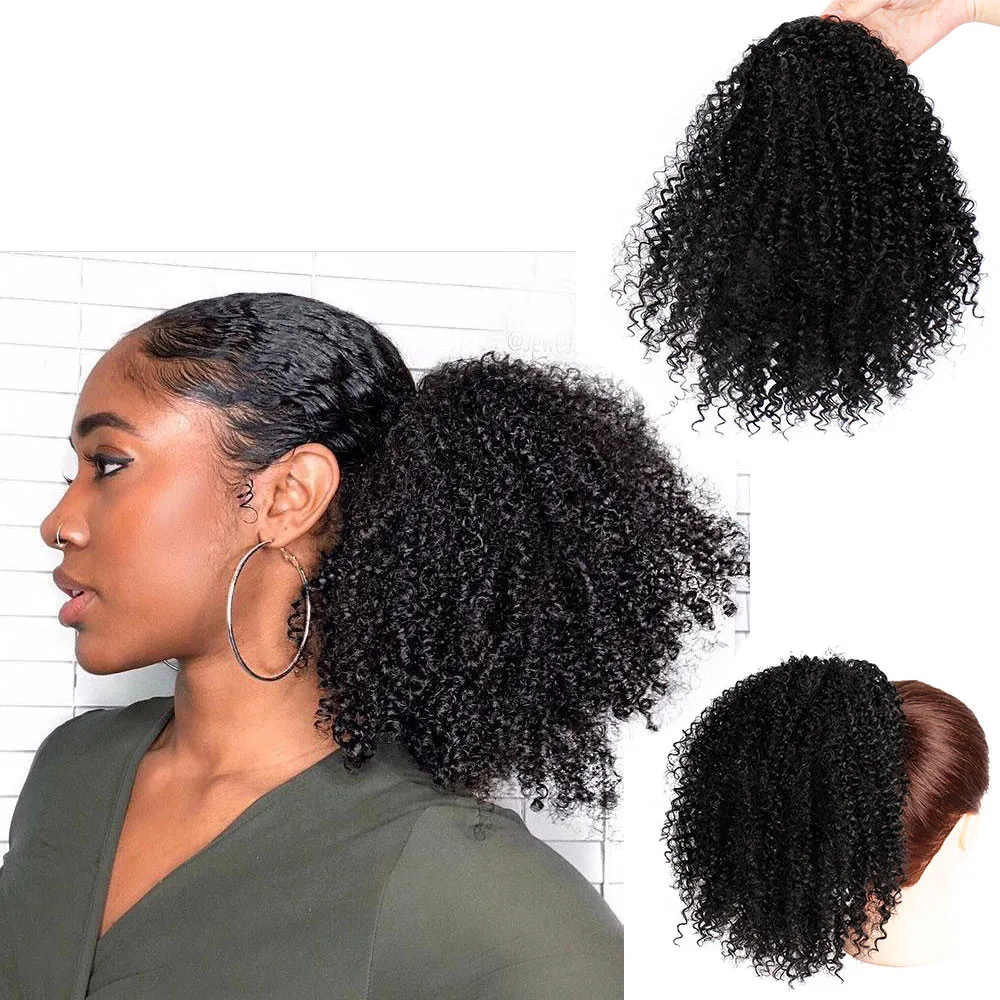 Человеческие волосы парики синтетические кудрявые конский хвост курчавые волосы в стиле афро наращивание шнурок конский хвост слоеный парик волос парики женщина кудрявые волосы
