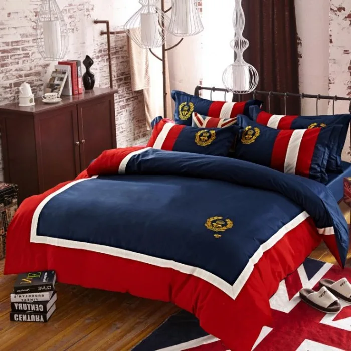 

Embroidered English badge Bedding Set brand 4pcs Duvet Cover/Bed Sheet/Pillowcas/Bed Linen Full/Queen/King Bed Set