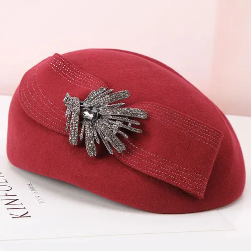 Luxury Rhinestone Decorated Women Wool Beret Cap Elegant Ladies Big Bow Fedora Hat Paris Autumn Winter Pillbox Casquette Hat Cap - Цвет: Burgundy