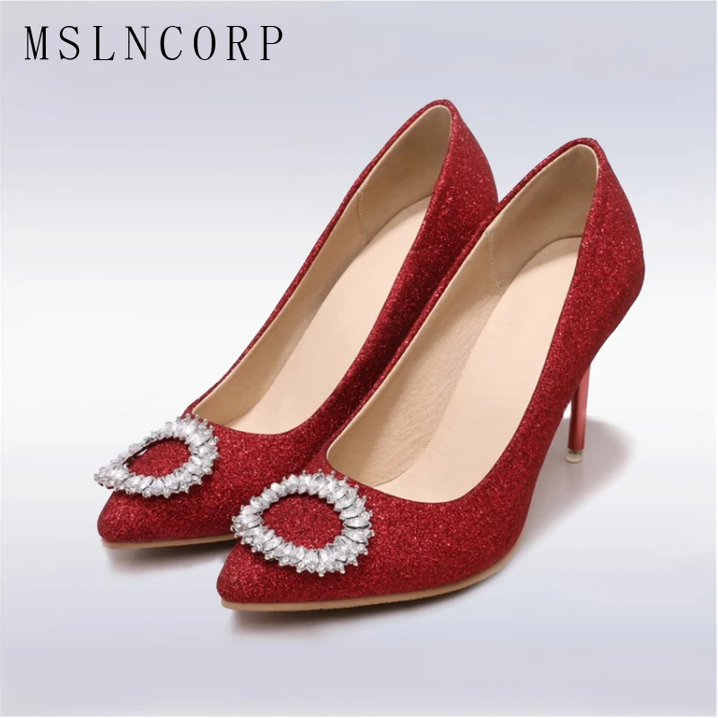 

plus size 34-48 Thin High Heels Women Pumps Elegant Buckle Rhinestone Sexy Fashion Dress Stiletto slip on party wedding Shoes