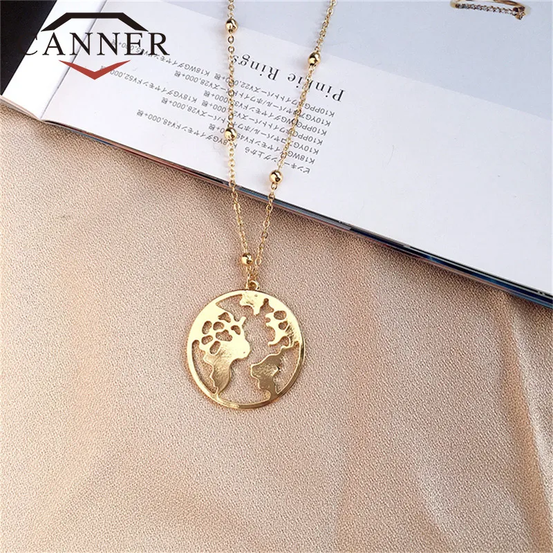 CANNER Creative Fashion Gold Silver Round World Map Pendant Necklace Simple Chain Choker for Women Jewelry TW