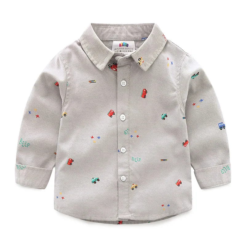 2024 Spring Autumn 2 3 4 5 6 7 8 10 Years Long Sleeve Car Pattern Full Print Handsome White Gray Cotton Shirt For Kids Baby Boys