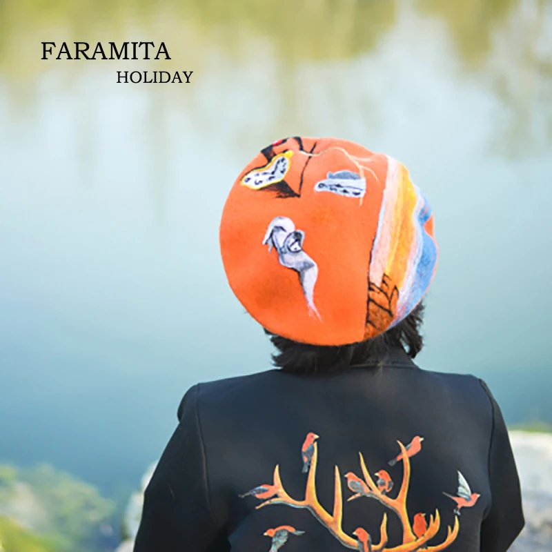 

Faramita Holiday The Persistence of Memory Painting Orange Women Cartoon Wool Hand Made Picture Girls Hat Beret Cap Manual Beret