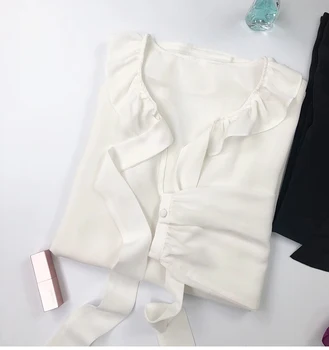 

White Black 100% Silk New Women Shirt Bow Tie Ribbon Ruffle Neck Office Lady Sweet Blouses And Tops Clothes