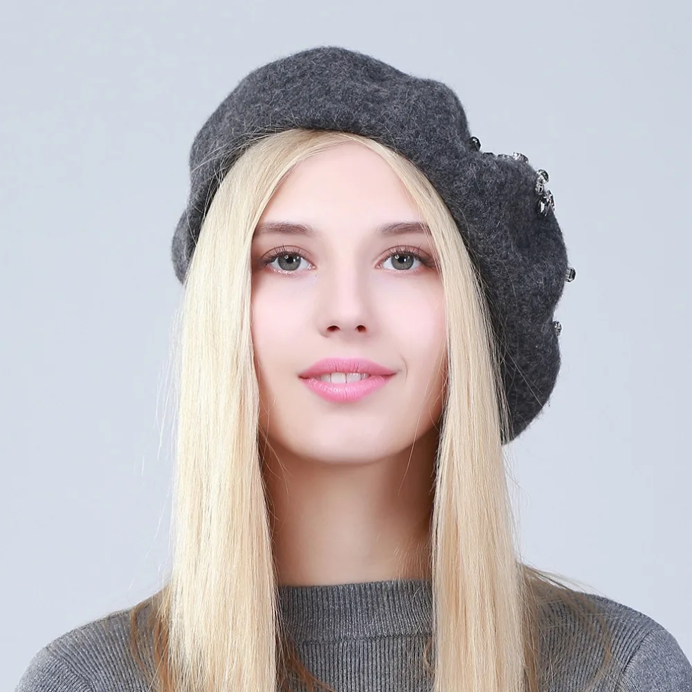Geebro Women's Cashmere Beret Hat New Winter Floral Rhinestone Knitted French Artist  Cap Femme Plain Black Wool 3