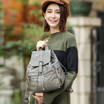 

NEW 100% Genuine Leather Women Backpack Fashion Solid School Bags For Female Large Capacity Casual Women Black /Gray Backpacks