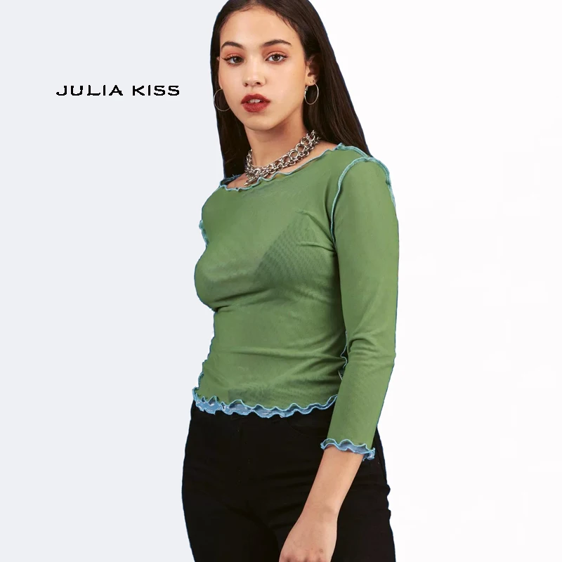 

Women Reversible Mesh Top with Frill Trimming