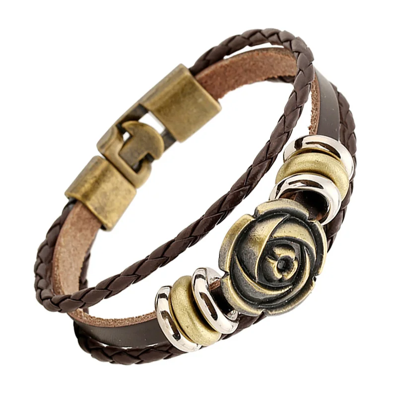 

Genuine Leather Antique Bronze Flower Bracelet Wristband Cuff Bijouterie For Women