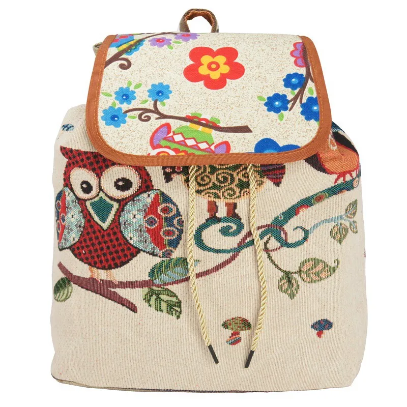 

National Cute Cartoon Owl Drawstring Backpacks for Gils Women Canvas Female Animal Elephant Prints School Shoulder Book Bags