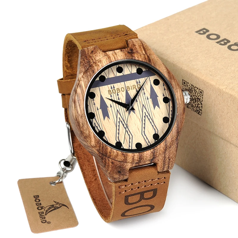 BOBOBIRD Mens Wooden Wristwatch Causal Quartz Watch with Branded Brown Leather in Gift Box