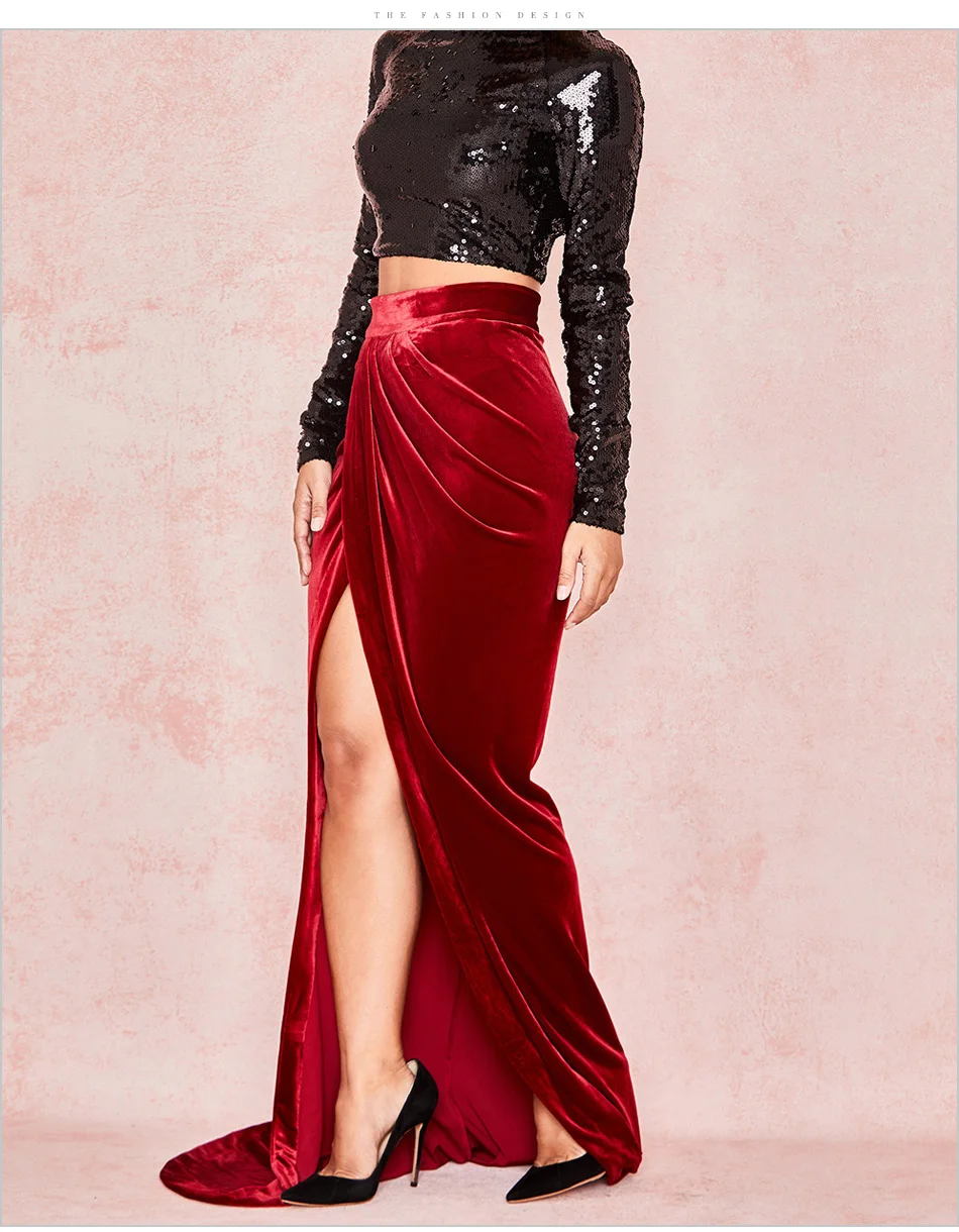 Темно-красные вельветовые длинные женские макси юбки Jupe с высоким разрезом плиссированные юбки женские элегантные сексуальные вечерние Клубное платье Зима Новые