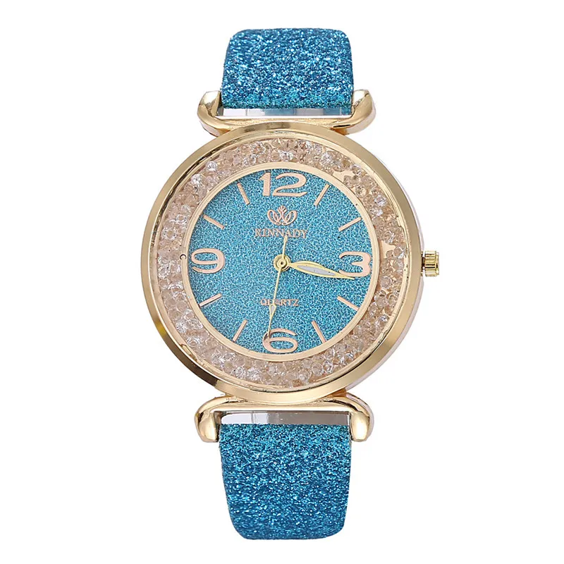 Горячая мода женские часы зыбучие пески Стразы Круглый циферблат кожа Женские кварцевые наручные часы подарок для девочек Часы Relogio Feminino# W - Цвет: Синий