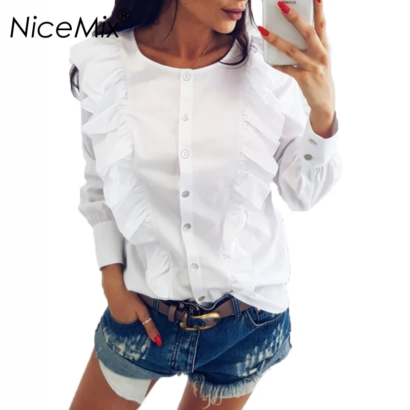 

NiceMix 2019 Long Sleeve Blouse Women Casual Tops Blusas Swwet Ruffles Blouses Women Slim Office Shirt Blusa Femme