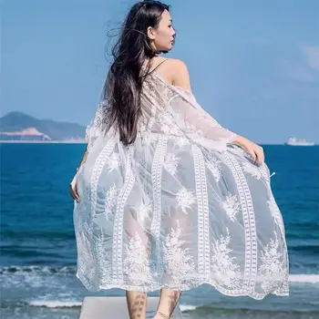 

FORERUN Lace Beach Dress Long Floral Embroidery Beach Cover Up Bikini Swimwear Kimono Cardigan Cover Up Holiday Beachwear