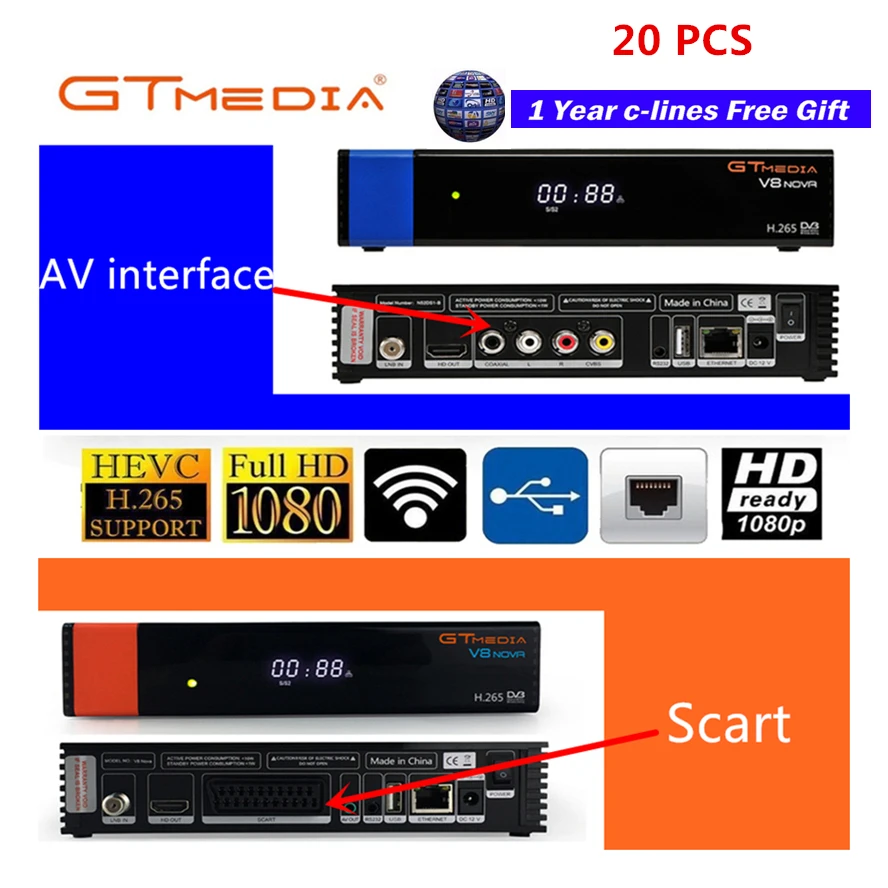 

20Pcs/GTMedia V8 Nova DVB-S2 H.265 decoder satellite receiver + 1year CCcam 7line built-in WIFI AVS digital televisions Set top