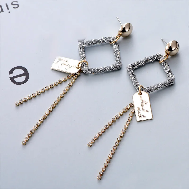 

DIY Square Metal Alloy Rivet Pendant Vintage Earrings New Trendy Women Statement Zircon Chain ID Drop Earrings Fashion Jewelry
