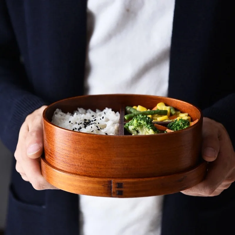 

Wooden Lunch Box with 3 Compartments Japanese Style Food Container Leakproof Bento Box for Office or School