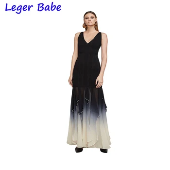 

Long Bandage Dress Women New Sleeveless Black&Beige Patchwork Vestidos Elegant Ruffles Evening Party Empire Mermaid Dresses