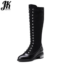 JK/ г. зимние женские сапоги до колена на толстом каблуке обувь с заклепками и острым носком модная женская обувь из плюша осенние ботинки из флока