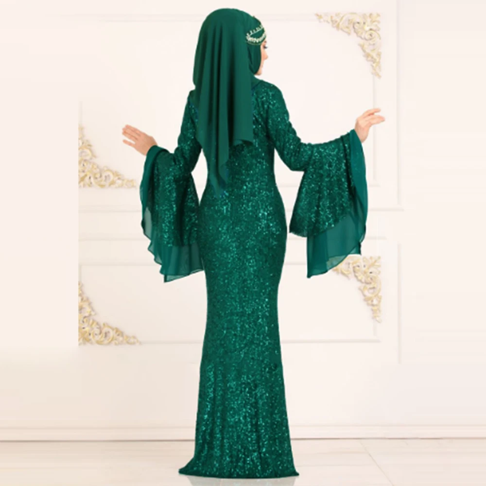 Длинное мусульманское платье-Кафтан абайя с блестками в стиле Дубай, модное женское вечернее платье с длинным рукавом