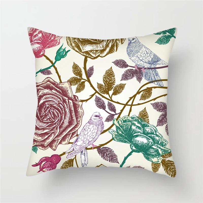 Fuwatacchi Rose Peony Flowers Cushion Cover Plum Blossom Grass Pillow Cases For Home Sofa Chair Decorations Birds Pillowcases
