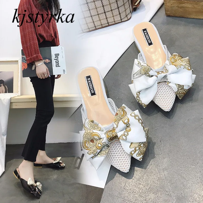 

Kjstyrka Brand Designer 2018 spring autmn Women Shoes Butterfly-knot Ladies Mules Point Toe Outdoor Slipper zapatos mujer