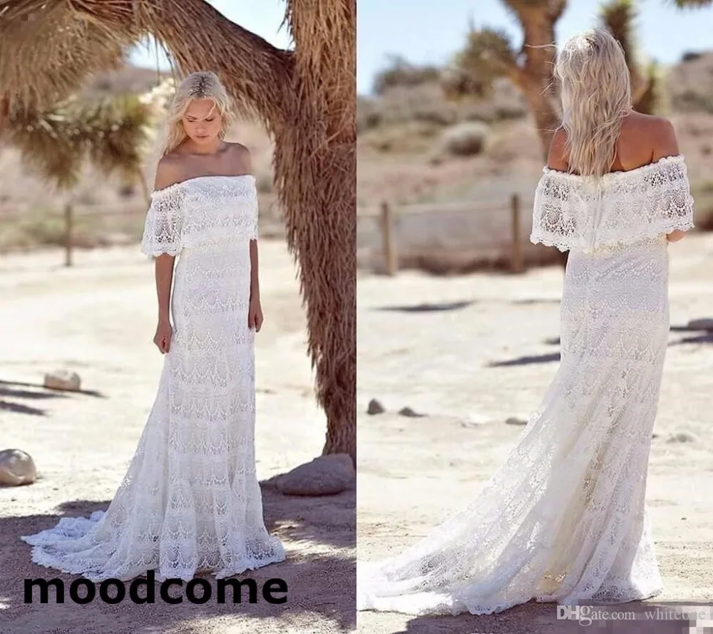 

Hot Sale Summer 2018 Full Lace Bohemian Wedding Dresses Off Shoulder Plus Size Cheap Boho Hippie Court Train Bridal Wedding Gown