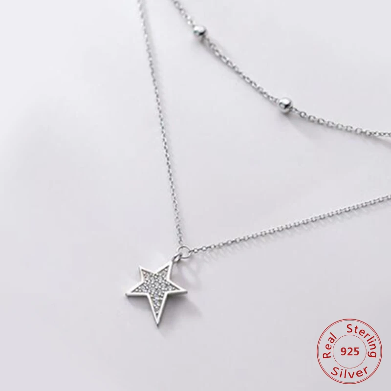 

New Arrival Double Layer Sparkling Zircon Pentagon Star Pendant Pure 925 Sterling Silver Chain Collarbone Necklace Women Bijoux
