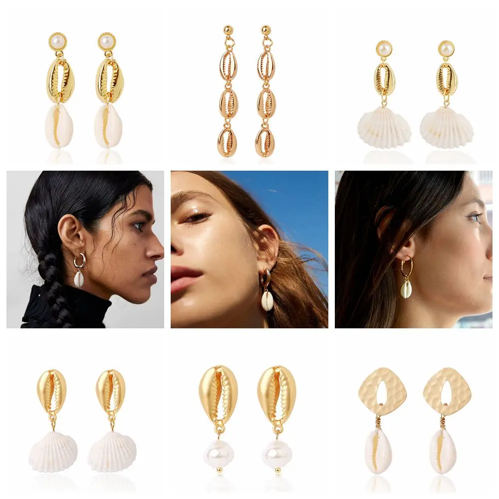 

Fashion Bohemian Style Gold Shell Long Drop Earring Handmade Elegant Irregular Pearl Summer Beach Pendant Earring For Women Girl
