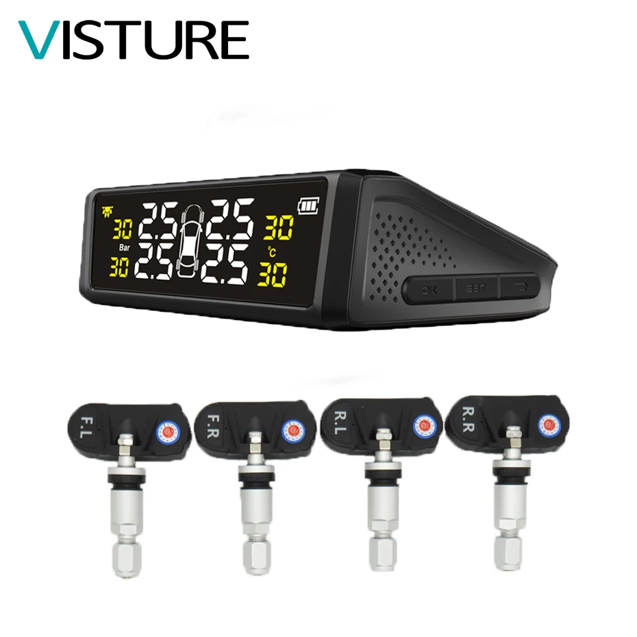 

10 pcs per Lot Solar Power TPMS Car Tire Pressure Alarm Monitor System LED Display 4 Internal Sensor Temperature Sensor S05N