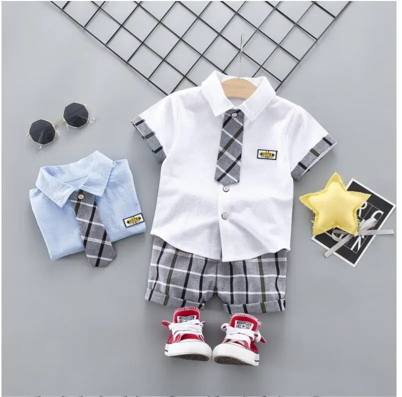 

Toddler Children Clothes Suits Baby Boys Clothing Sets Shirt Plaid Shorts Kids Infant Casual Suit