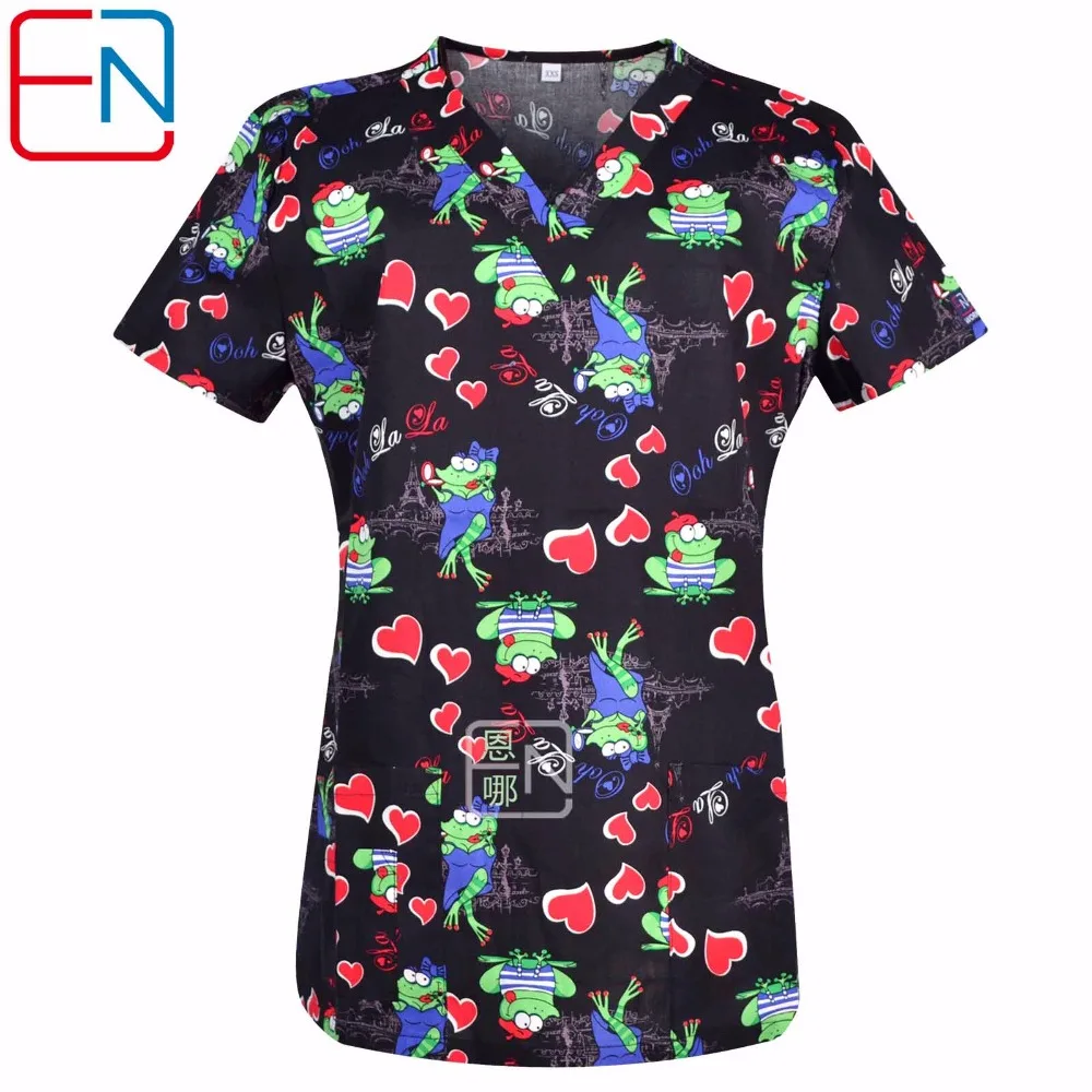 Hennar Women Print Scrub Top V Neck 100 Cotton Hospital Medical