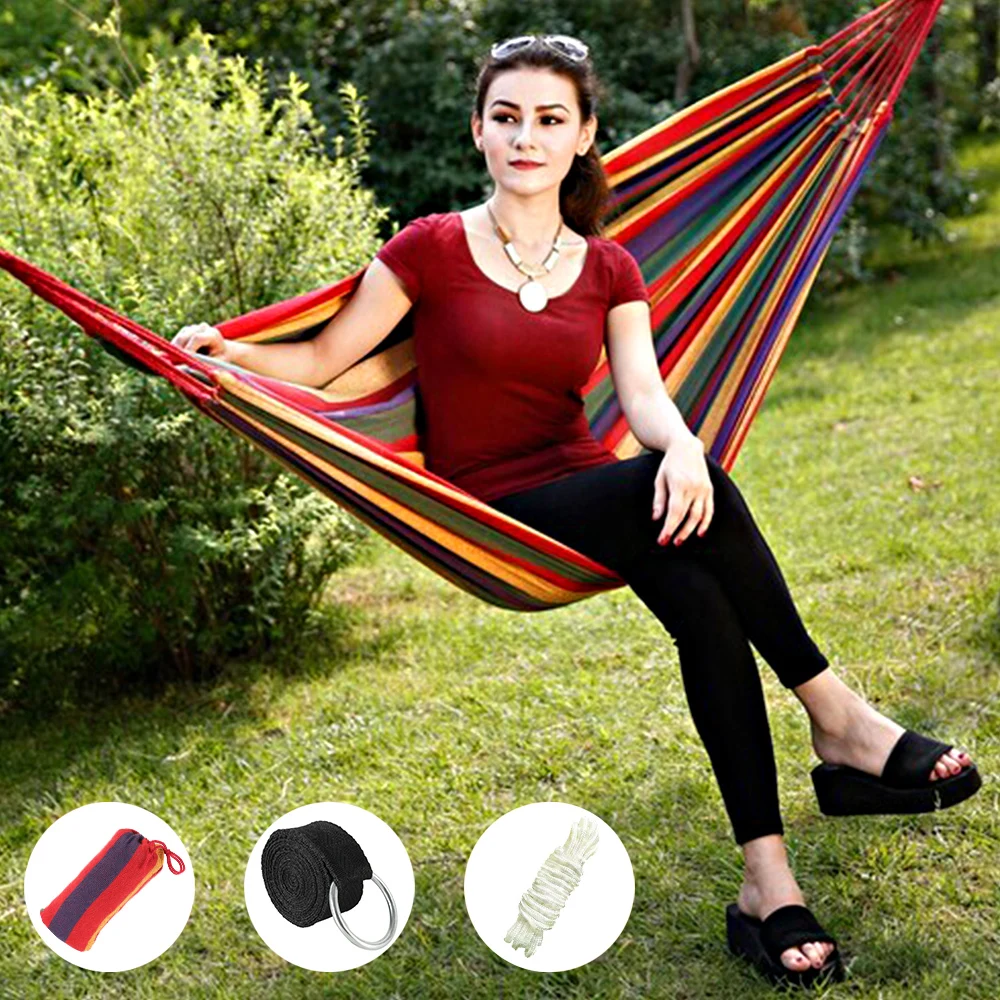 

Portable Hammock Outdoor Hammock Garden Sports Home Travel Camping Swing Canvas Stripe Hang Bed Hammock