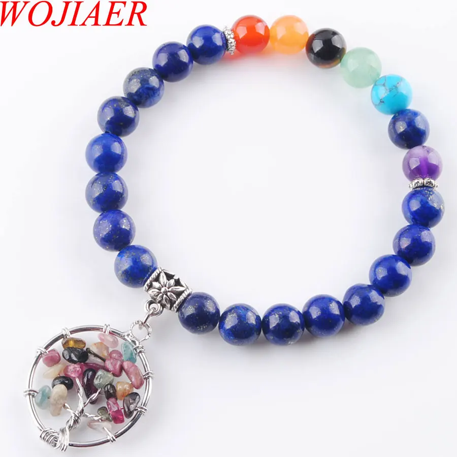

WOJIAER Natural Lapis Lazuli Gem Stone Beads Strand Bracelet Jewelry Yoga Meditation Tree Of Life For Women Bracelets PK3280