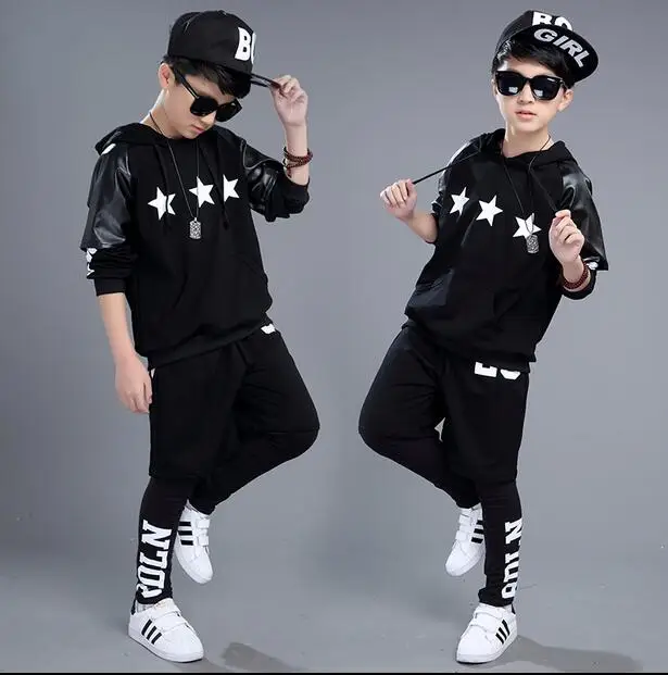 

2019 fashion brand children's clothing set faux leather patchwork Costumes black white Star jazz Hip Hop dance kids suits 3pcs