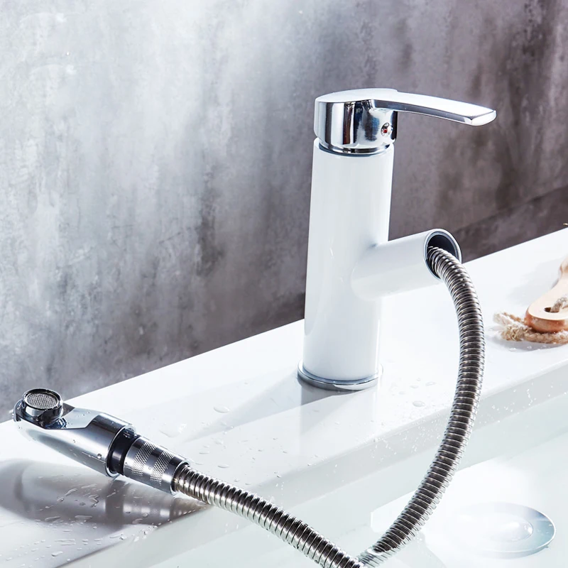 

White Pull Out Basin Sink Faucet Deck Mounted Lavatory Vanity Sink Mixers Hot and cold Water Tap Bathroom Crane One Hole
